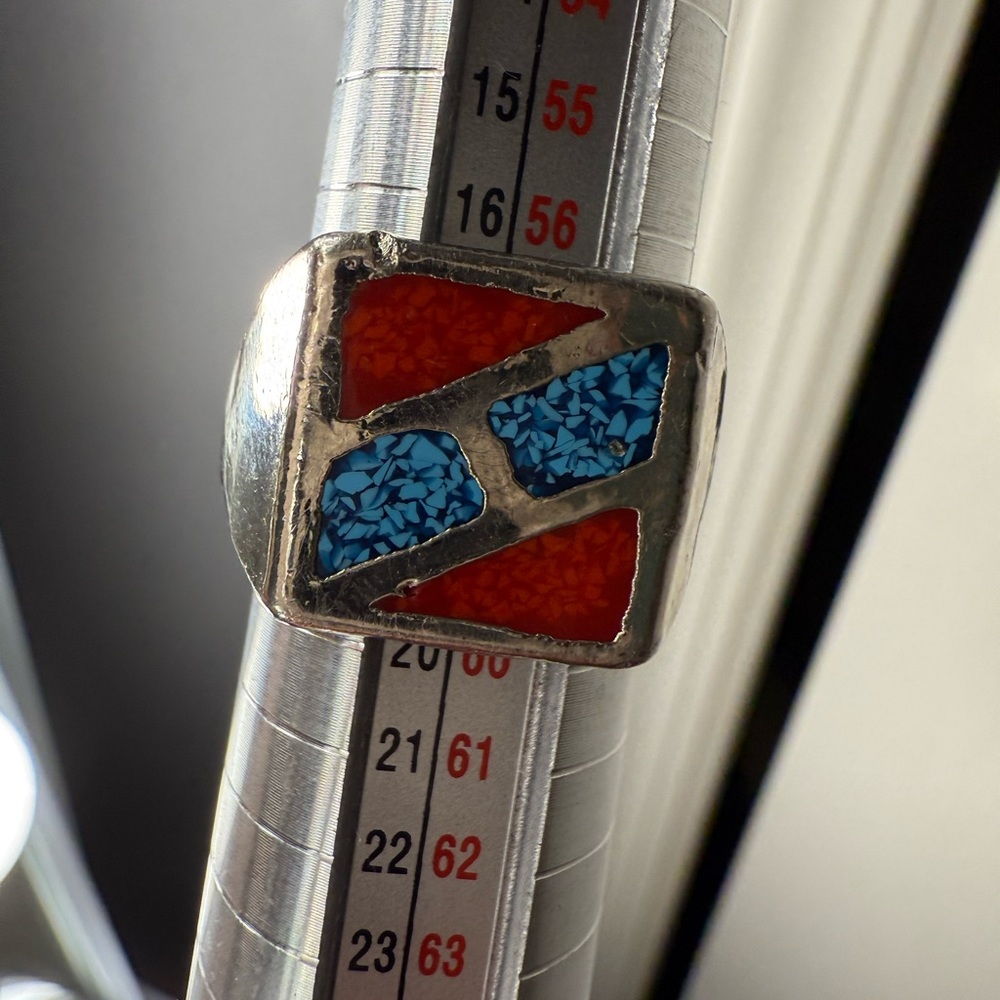 Men's Silver Inlay Ring with Blue and Red Mosaic Accents - Picture 5 of 6